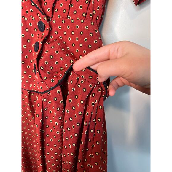 1980s Laura Henson Red Orange Pleated Modest Prairie Homestead Midi Dress M - Picture 5 of 6